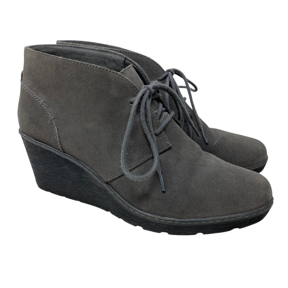 Collections By Clarks Wedge Ankle Booties Womens Size 9 Gray Suede Lace Up